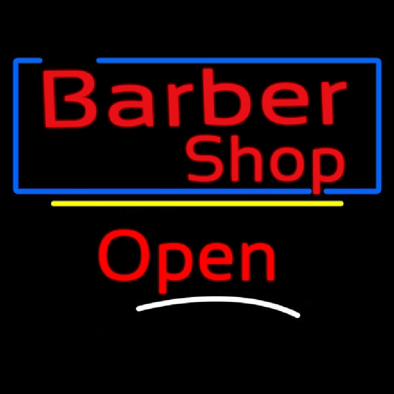 Barber Shop Blue Border Open Neonreclame