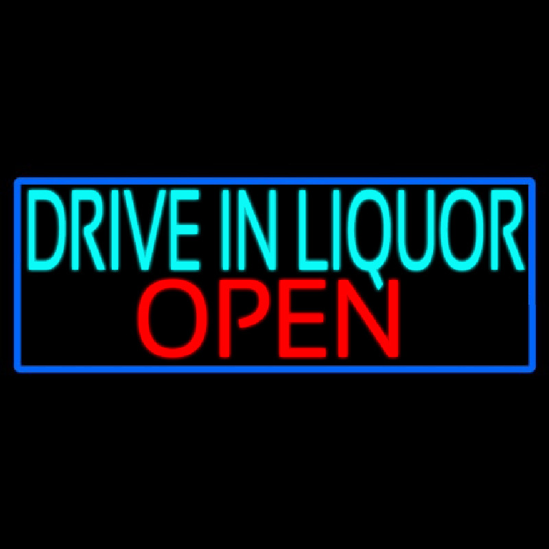 Drive In Liquor Open With Blue Border Neonreclame