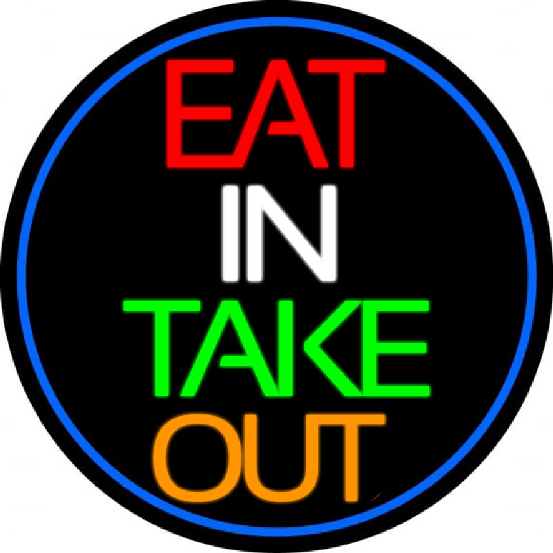 Eat In Take Out Oval With Blue Border Neonreclame