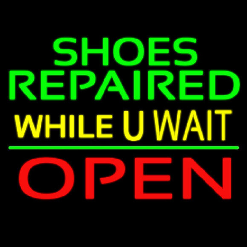 Green Shoes Repaired Yellow While You Wait Open Neonreclame