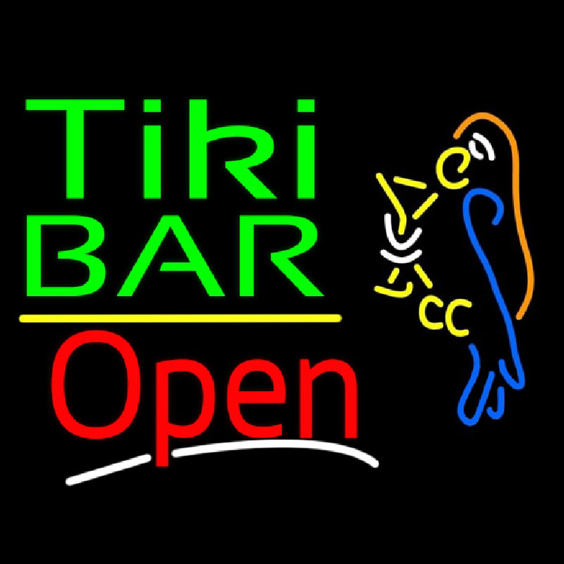 Green Tiki Bar With Parrot Martini Glass Open Neonreclame