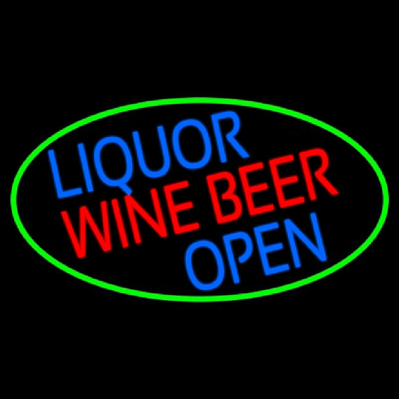 Liquor Wine Beer Open Oval With Green Border Neonreclame