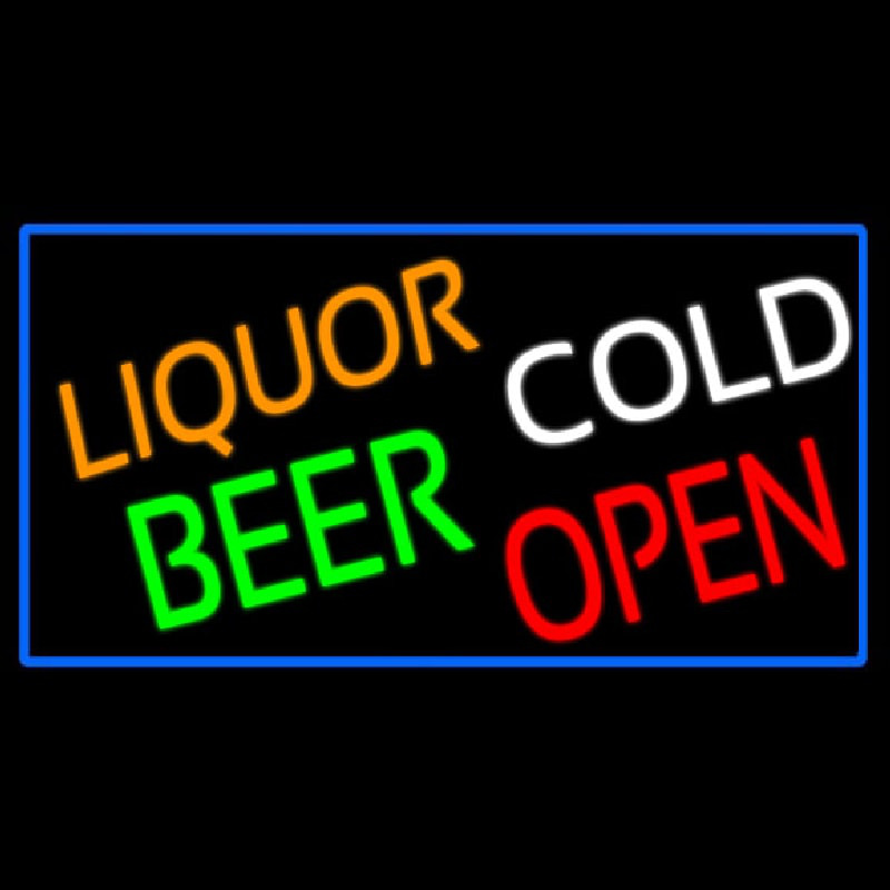 Liquors Beer Cold Open With Blue Border Neonreclame
