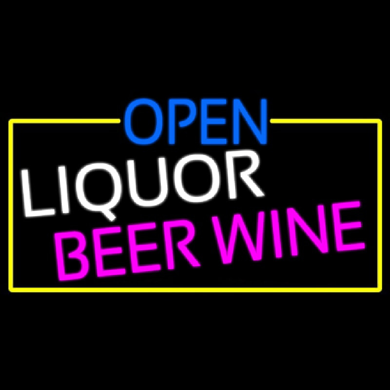 Open Liquor Beer Wine With Yellow Border Neonreclame