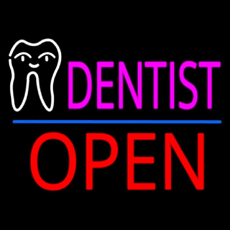 Pink Dentist White Tooth Blue Line Open Neonreclame