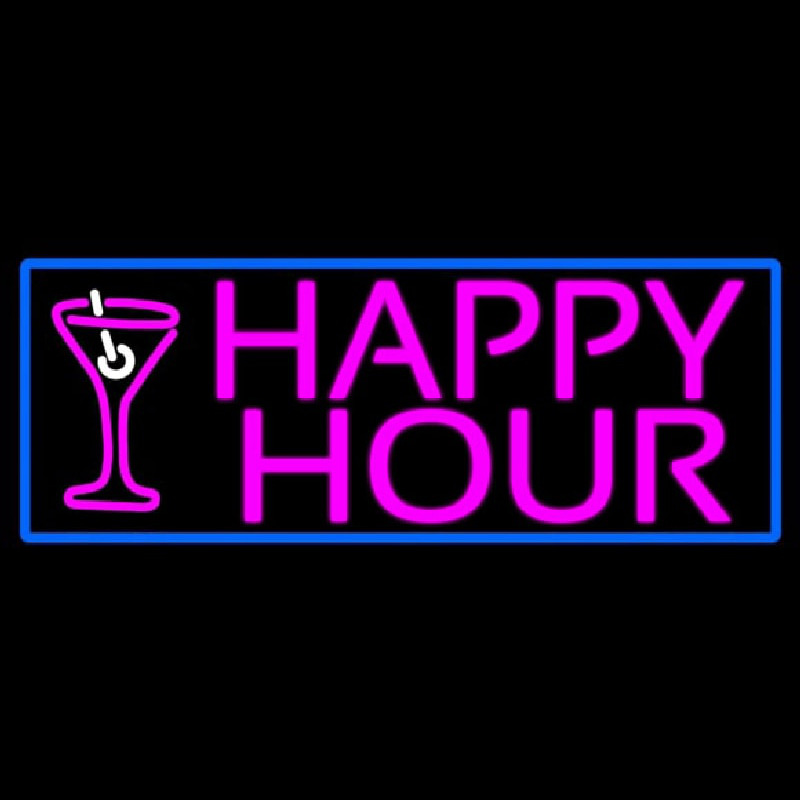 Pink Happy Hour And Wine Glass With Blue Border Neonreclame