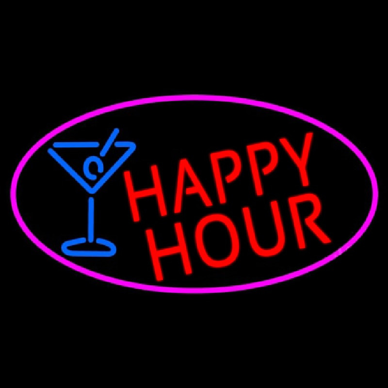 Red Happy Hour And Wine Glass Oval With Pink Border Neonreclame