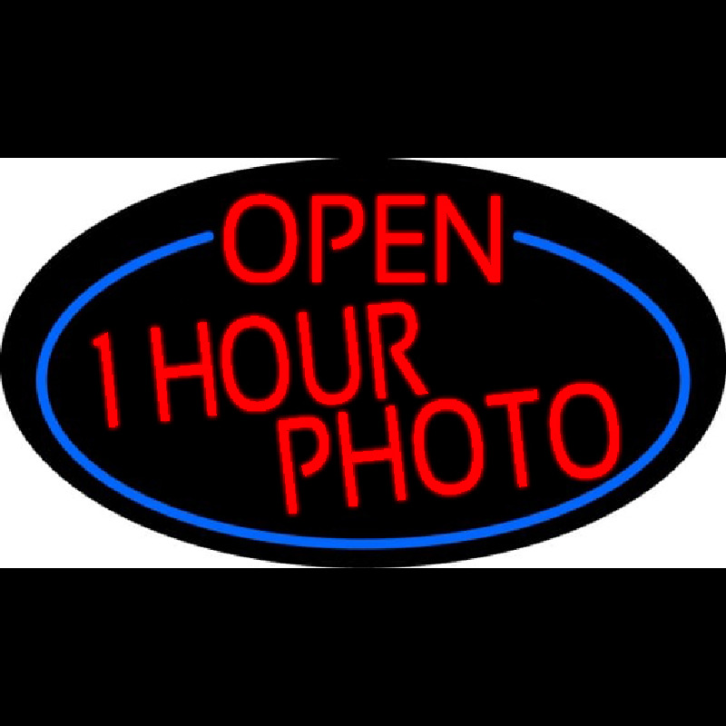 Red Open One Hour Photo Oval With Blue Border Neonreclame