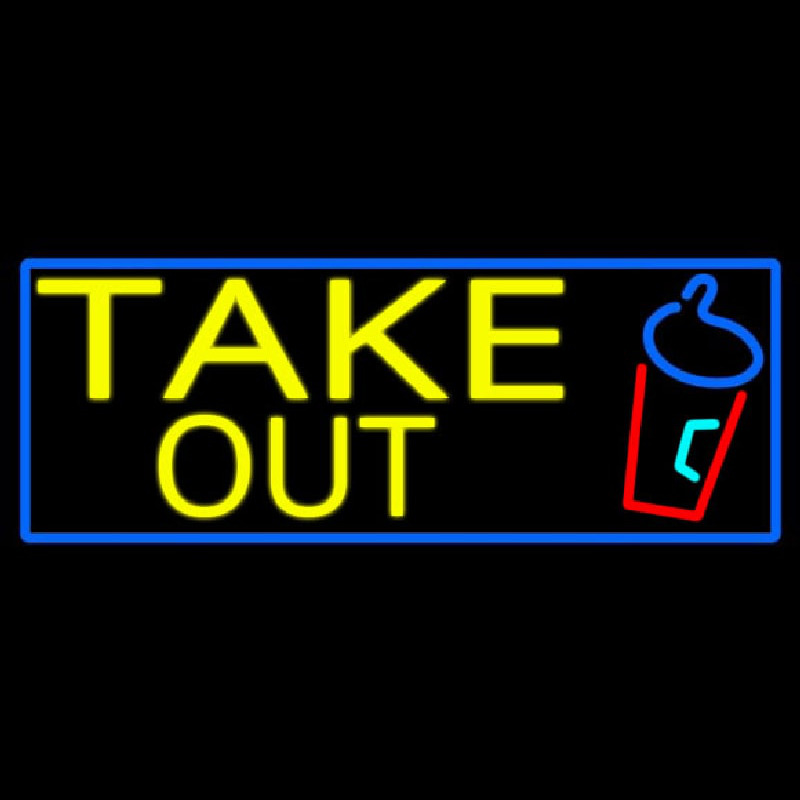 Take Out And Wine Glass With Blue Border Neonreclame