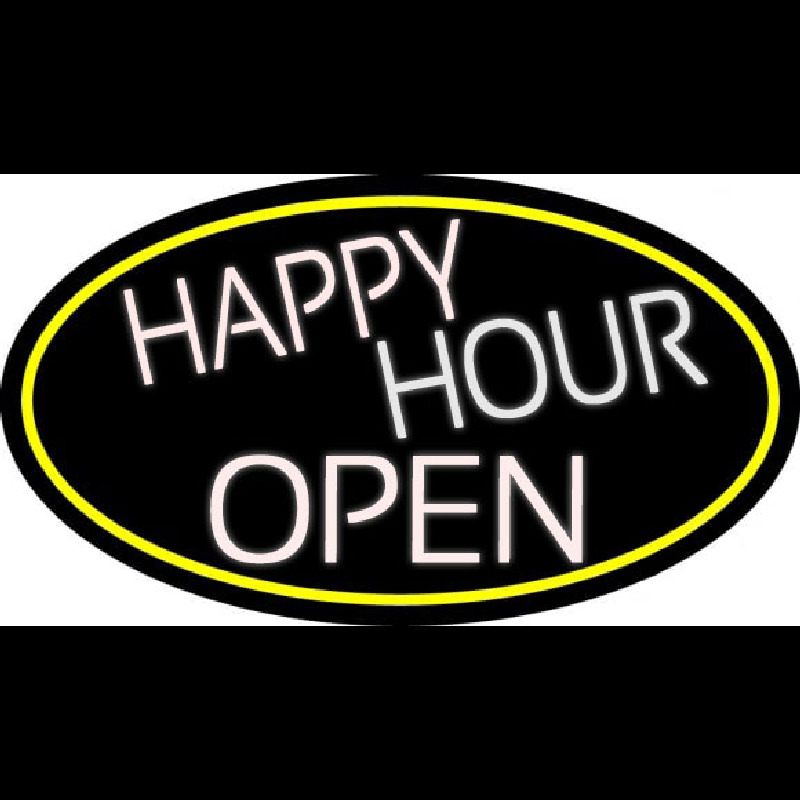 White Happy Hour Open Oval With Yellow Border Neonreclame