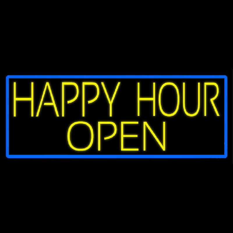 Yellow Happy Hour Open With Blue Border Neonreclame
