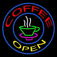 Round Red Coffee Open Yellow Neonreclame